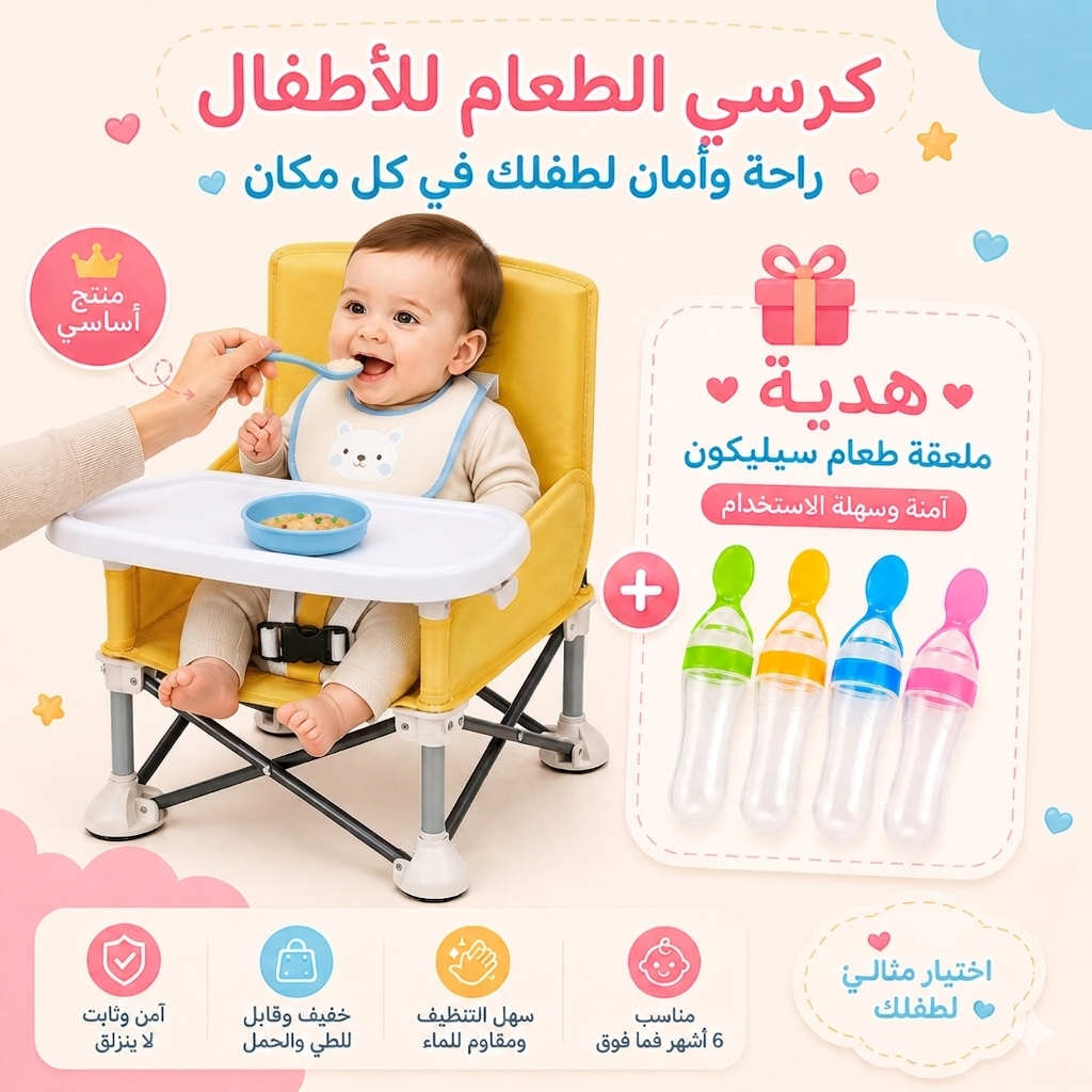 كرسي طعام للأطفال + هدية ملعقة سيليكون